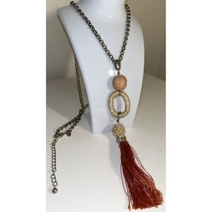 Chico's Necklace Boho Statement Woven Beads Tassel Pendant Signed‎ Neutral Boho